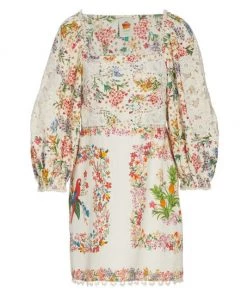 Farm Rio Delicate Forest Scarves Billowy-Sleeve Embroidered Minidress