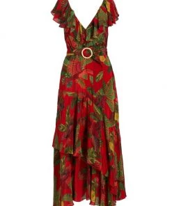 Farm Rio Red Forest Birds Belted Midi-Dress