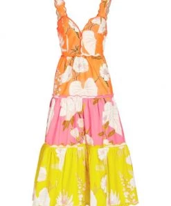 Farm Rio Tiered Colorblocked Floral Midi-Dress