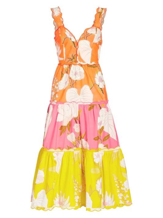 Farm Rio Tiered Colorblocked Floral Midi-Dress 3 Farm Rio Tiered Colorblocked Floral Midi-Dress