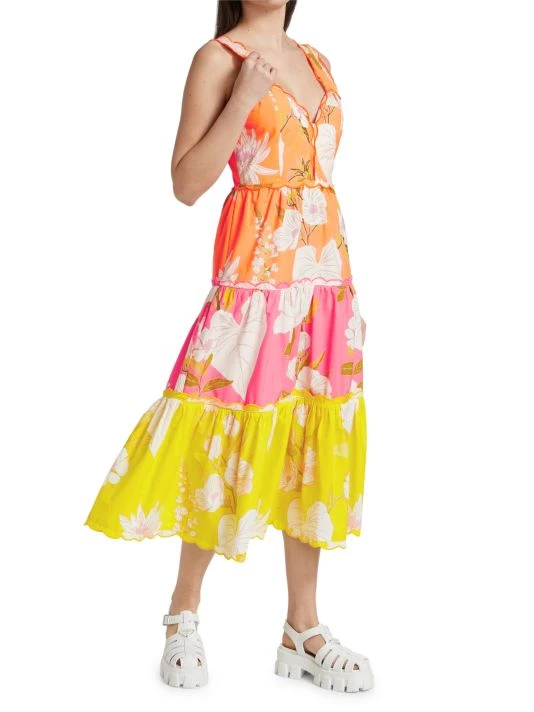 Farm Rio Tiered Colorblocked Floral Midi-Dress 4 Farm Rio Tiered Colorblocked Floral Midi-Dress - Image 2
