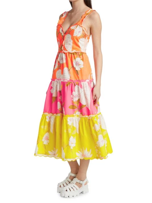 Farm Rio Tiered Colorblocked Floral Midi-Dress 6 Farm Rio Tiered Colorblocked Floral Midi-Dress - Image 4