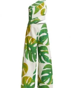Farm Rio Monstera One-Shoulder Cut-Out Jumpsuit