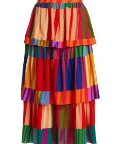 Farm Rio Sunset Stripes Tiered Midi-Skirt