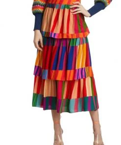 Farm Rio Sunset Stripes Tiered Midi-Skirt -Farm Rio And Pom Pom at Home Sales unnamed file 400