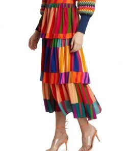 Farm Rio Sunset Stripes Tiered Midi-Skirt -Farm Rio And Pom Pom at Home Sales unnamed file 401