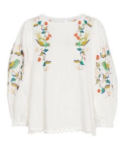 Farm Rio Pitanga Embroidered Billowy-Sleeve Blouse