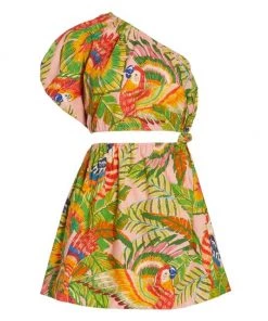 Farm Rio Macaw Leaves One-Shoulder Cut-Out Minidress