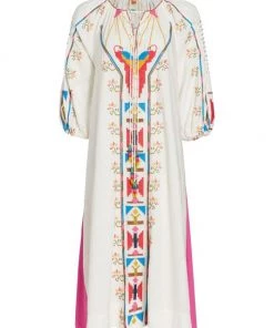 Farm Rio Macaw Embroidered Linen Caftan Midi-Dress