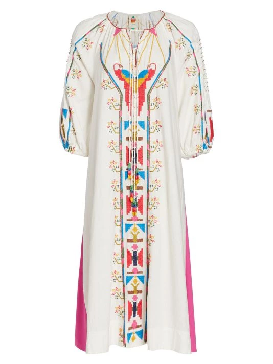 Farm Rio Macaw Embroidered Linen Caftan Midi-Dress 3 Farm Rio Macaw Embroidered Linen Caftan Midi-Dress