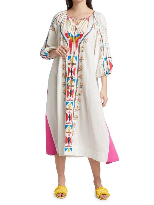 Farm Rio Macaw Embroidered Linen Caftan Midi-Dress 4 Farm Rio Macaw Embroidered Linen Caftan Midi-Dress - Image 2