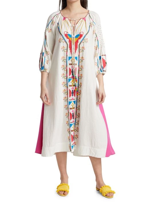 Farm Rio Macaw Embroidered Linen Caftan Midi-Dress 5 Farm Rio Macaw Embroidered Linen Caftan Midi-Dress - Image 3