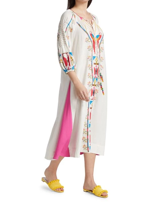 Farm Rio Macaw Embroidered Linen Caftan Midi-Dress 6 Farm Rio Macaw Embroidered Linen Caftan Midi-Dress - Image 4