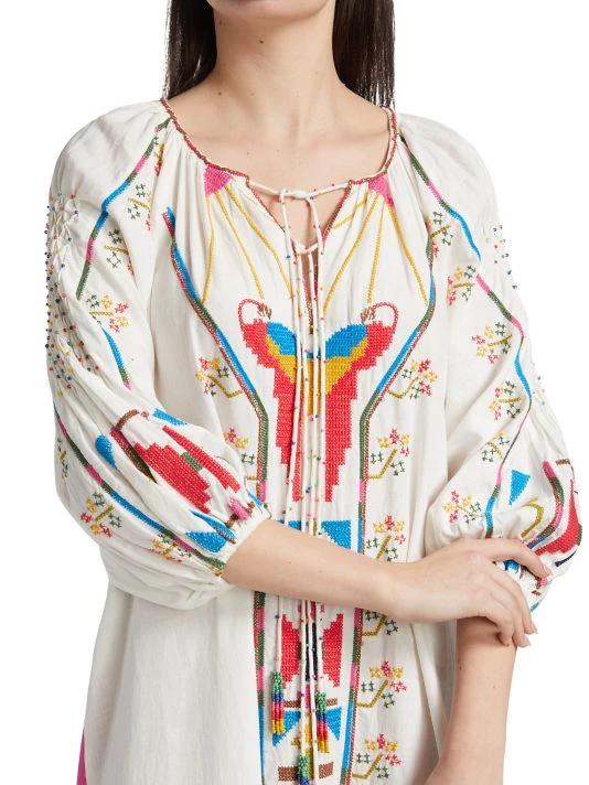 Farm Rio Macaw Embroidered Linen Caftan Midi-Dress 8 Farm Rio Macaw Embroidered Linen Caftan Midi-Dress - Image 6