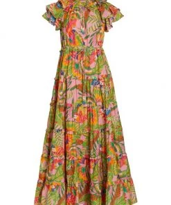 Farm Rio Macaw Leaves Ruffled Maxi Dress