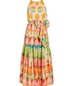 Farm Rio Rainbow Sunset Halter Bow Maxi Dress