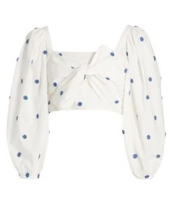 Farm Rio Flower-Embroidered Cotton Crop Top